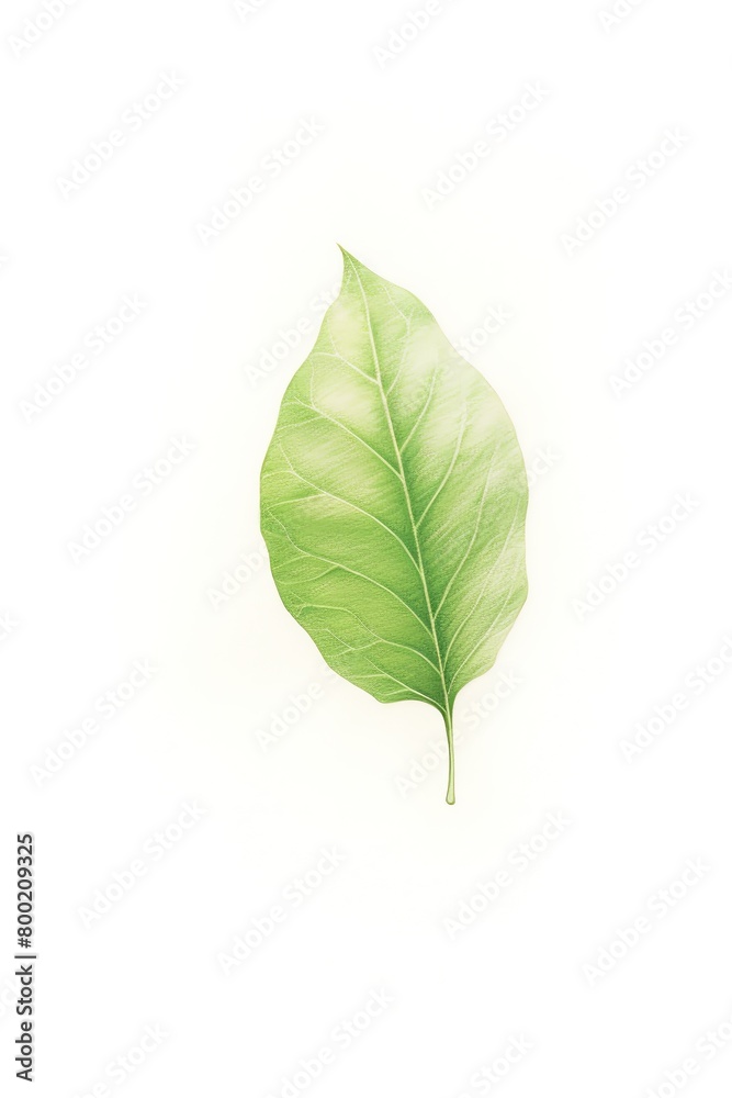 Fototapeta premium A single, vibrant green leaf, delicately placed against a white background, showcasing its detailed vein structure and the subtle gradation of its color, emphasizing its natural elegance and simplicit