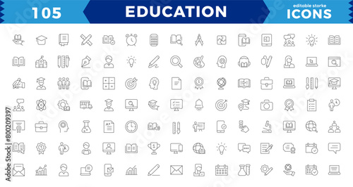 Education Line pixel Perfect Icons set.modern thin line style of school icons: school subjects, supplies, science, and online learning. Isolated on white editable stroke icons.