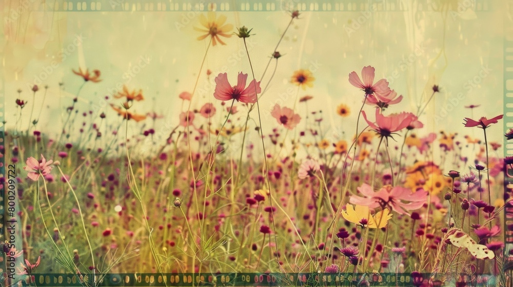 A vibrant field of wildflowers with the overlay of a vintage film strip giving the photo a nostalgic and dreamy feel.. A vibrant field of wildflowers with the overlay of a vintage film strip giving the photo a nostalgic and dreamy feel..