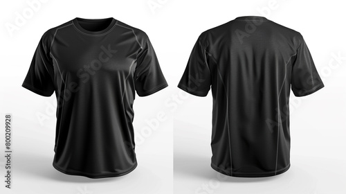 Dynamic Black T-Shirt Template with Bold Front Motif and Stylish Back Graphic, Captured in Stunning Detail Against Seamless White Background, Perfect for Showcasing Your Brand's Personality