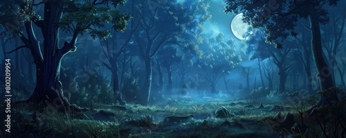 Night forest landscape moonlight casting shadows