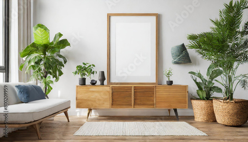 blank frame mockup on white wall living room with wooden sideboard with green plant and sofa