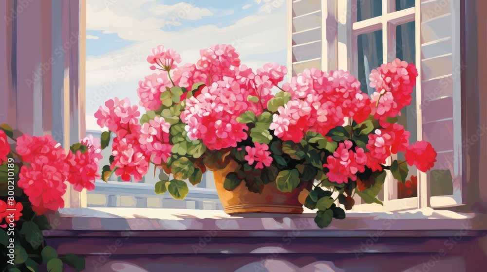 Beautiful geraniums on a balcony art painting.