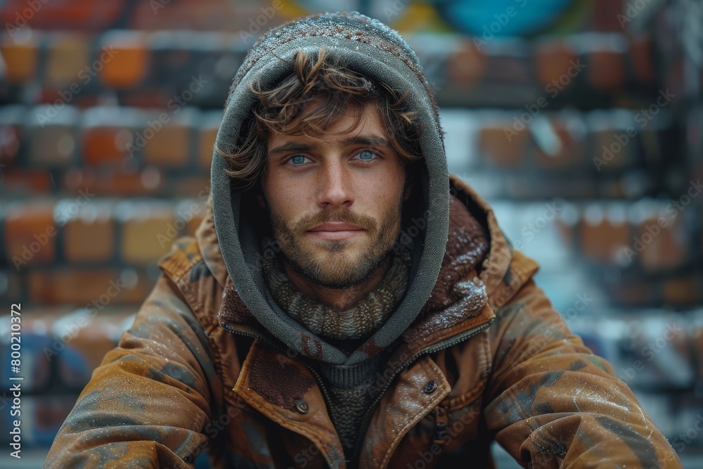 A pensive man with captivating blue eyes and tousled hair, wearing a hooded jacket, looks away thoughtfully outdoors A pensive man with captivating blue eyes and tousled hair, wearing a hooded jacket, looks away thoughtfully outdoors