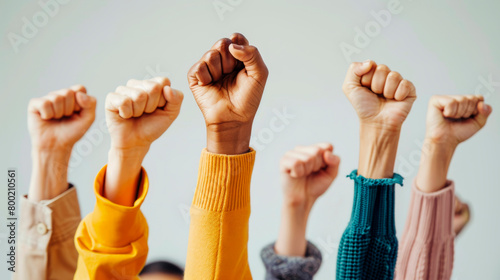 Multi ethnic people raising their fists up in the air, only hands. A group of individuals showing solidarity by raising their fists in the air.