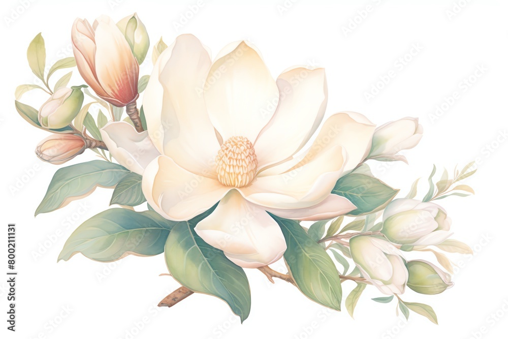 Bring the blossoming magnolia to life with a stunning birds-eye view, capturing every intricate petal and delicate shade, ideal for a watercolor masterpiece that exudes elegance and grace. cartoon dra
