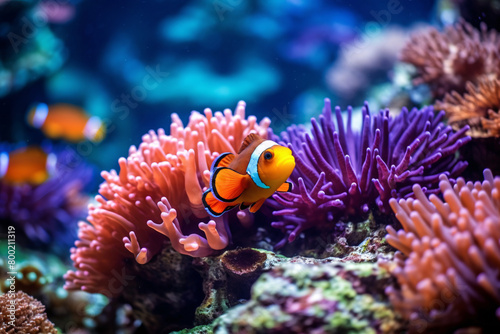 A vibrant underwater scene featuring fish in various settings such as an aquarium, a colorful coral reef, and among anemones The image showcases the diverse marine life including tropical fish,