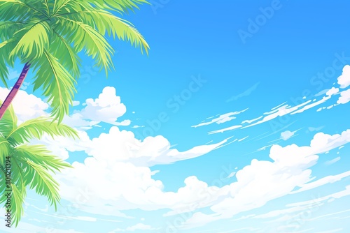 Capture the essence of paradise with a mesmerizing digital illustration of a rear-view tropical palm swaying in the gentle breeze  vibrant hues contrasting against a serene sky This photorealistic pie