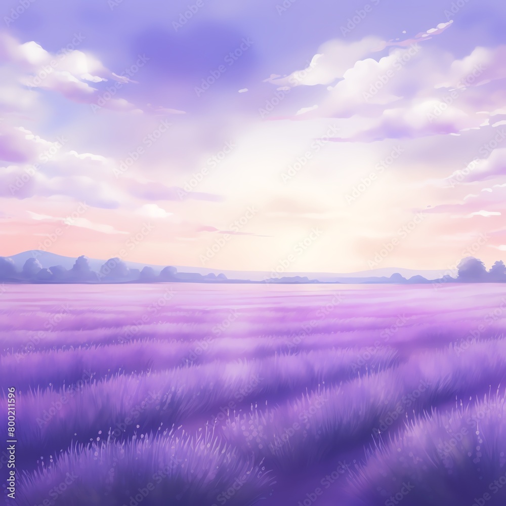 Capture the serene elegance of a side view lavender field at sunset, showcasing the subtle gradation of purple hues, delicate petals swaying in the warm breeze. cartoon drawing, water color style,