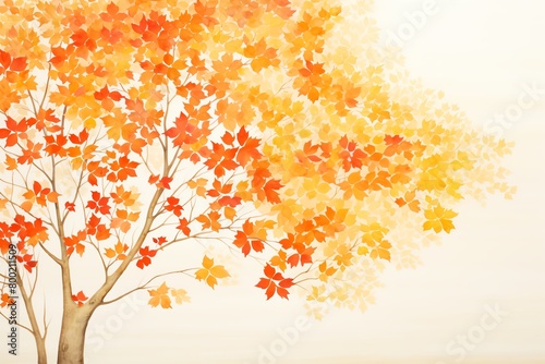 Capture the intricate beauty of an aerial view of a maple tree in autumn  with vibrant reds  oranges  and yellows bursting from the leaves  set against a backdrop of a serene landscape. cartoon drawin