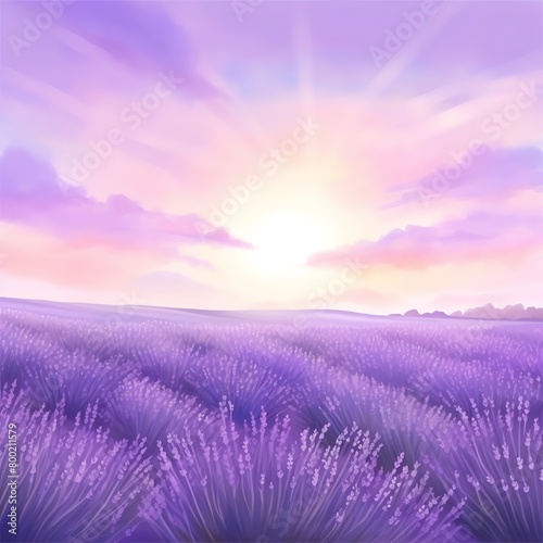 Capture the serene elegance of a side view lavender field at sunset  showcasing the subtle gradation of purple hues  delicate petals swaying in the warm breeze. cartoon drawing  water color style 