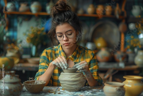 a cute woman in a black bobbed- haired green and yellow checkered grunge shirt and eyeglasses, making pottery,porcelain, workshop indoor atmosphere