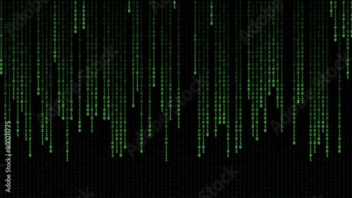 Binary green code on black background. Moving digits on screen. Concept of digital age. Algorithm, data code, decryption and encoding, row matrix, future, animation. Digital computer graphic motion.