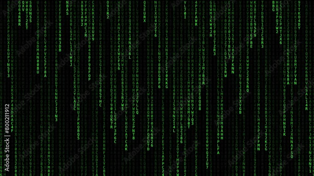 Green code on black background. Moving digits on screen. Concept of digital age. Algorithm, data code, decryption and encoding, row matrix, future, program. Computer graphic motion, animation 4k