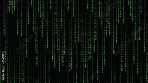 Green code on black background. Moving digits on screen. Concept of digital age. Algorithm, data code, decryption and encoding, row matrix, future, program. Computer graphic motion, animation 4k