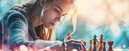 a young woman playing chess, thinking for the next move, strategy move concept female theme, close up portrait