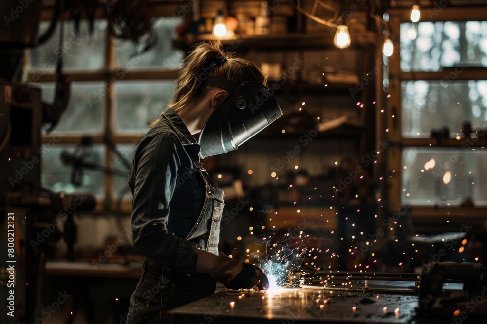 portrait illustration of a female worker in a workshop with dark visor and helmet, hard work female the concept portrait illustration of a female worker in a workshop with dark visor and helmet, hard work female the concept