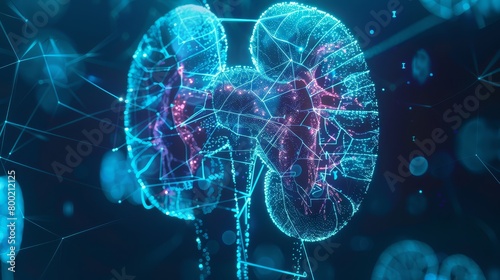 Kidney hologram. Anatomical structure of kidney organs in the form of points and lines that glow. The concept of diseases of the organs of the excretory system. Modern technologies and medicine. AI