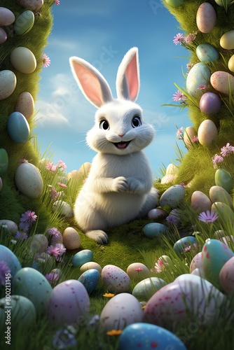 Capture a whimsical Easter scene from a worms-eye view, showcasing vibrant eggs hidden in lush grass, a playful bunny dancing in soft sunlight. © Sirirat