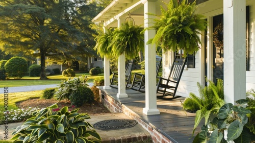 An inviting farmhouse front porch with rocking chairs hanging ferns photo