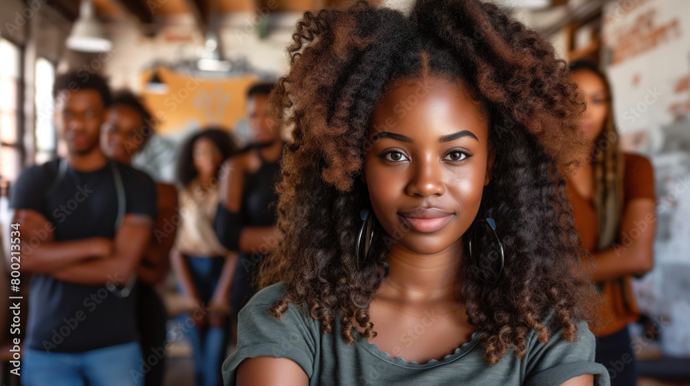 Fototapeta premium Curly-haired African woman in the foreground with a supportive team behind her.
