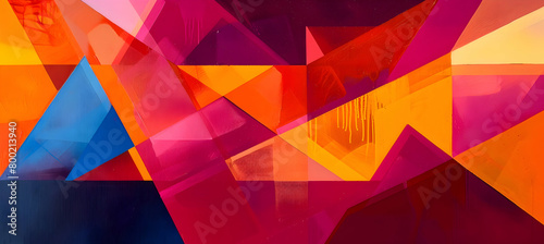 A high-definition composition of bold geometric shapes, including oversized rectangles and sharp triangles, colored in deep fiery red and bright orange, symbolizing passion