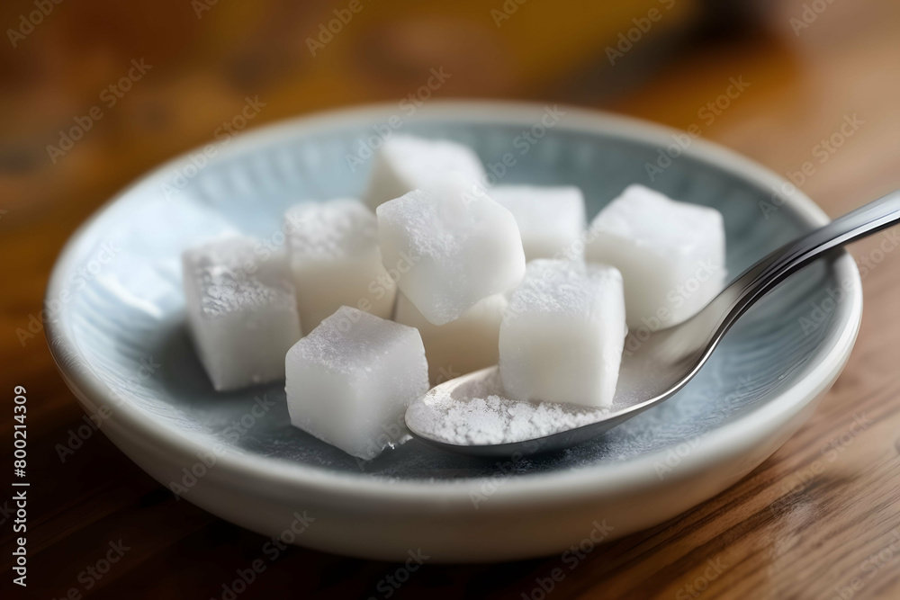 Sugar cubes in plate with metal spoon 
