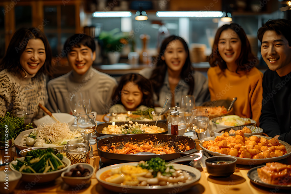 A sophisticated Korean family gathering in a luxurious villa or apartment's elegant kitchen, hosting three guest families around a large dining table. A sophisticated Korean family gathering in a luxurious villa or apartment's elegant kitchen, hosting three guest families around a large dining table.