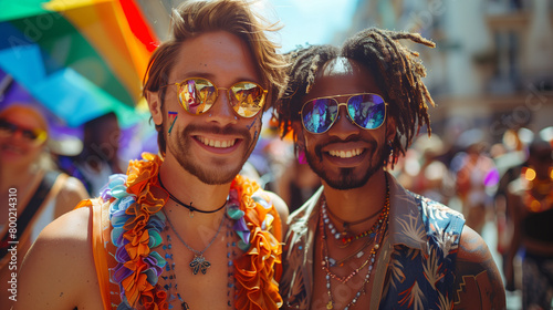 Gay couple celebrating Pride Day at a Pride Day Parade