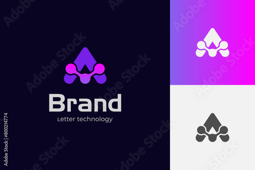 Letter A tech logo icon design with molecule dots graphic idea creative logo symbol for brand identity, initial artificial intelligence signs