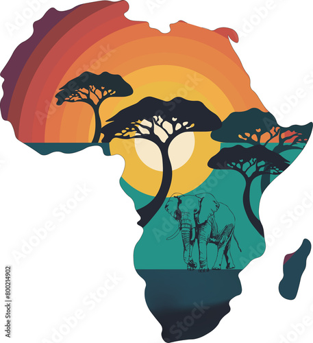 World Africa Day Illustration with Africa map and silhouette  elephant on sunset