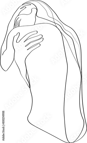 Trendy one line woman body.Girl hugs herself. Elegant continuous line print for textile, poster, card, t-shirt etc.