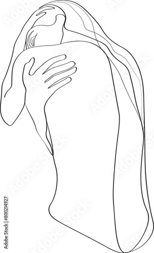 Trendy one line woman body.Girl hugs herself. Elegant continuous line print for textile, poster, card, t-shirt etc.