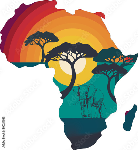World Africa Day Illustration with Africa map and silhouette  elephant on sunset