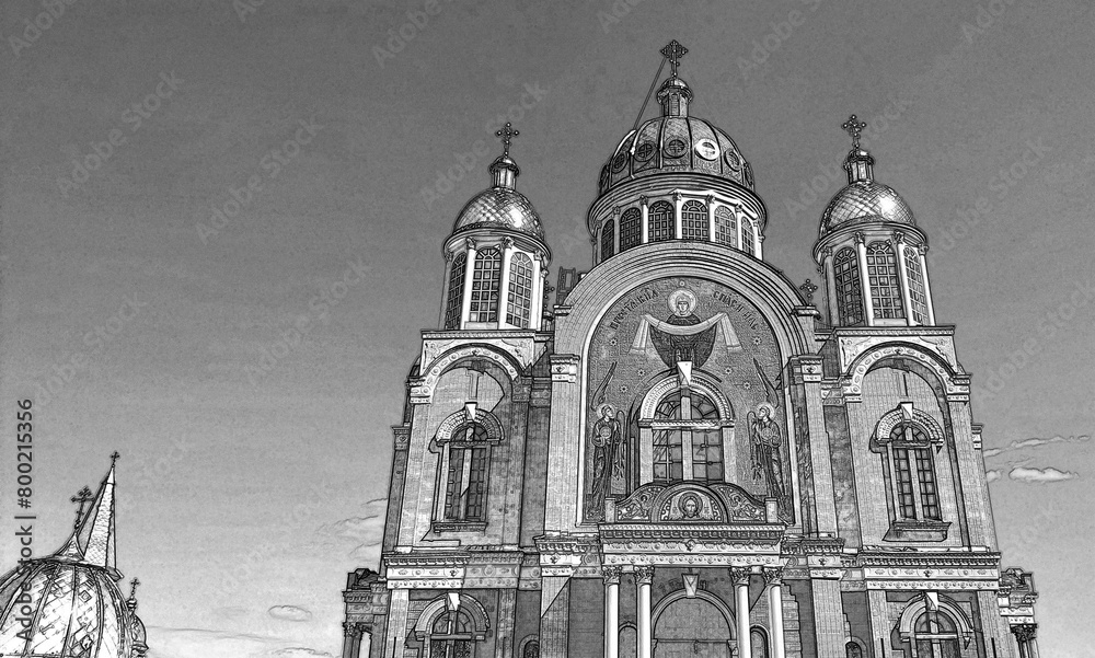 Orthodox cathedral with golden domes, Christian religious background. Hand drawn pencil sketch illustration