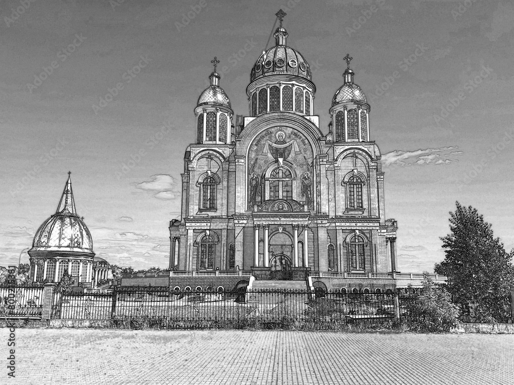 Orthodox cathedral with golden domes, Christian religious background. Hand drawn pencil sketch illustration