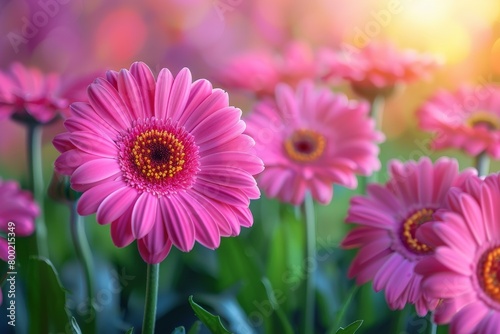Close up of vibrant pink gerbera daisies with yellow centers  illuminated by warm sunlight in a lush garden
