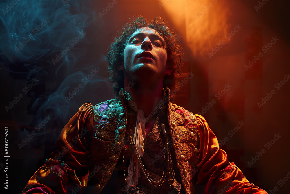A dramatic portrayal of a man in ornate period costume, illuminated by a beam of light. A dramatic portrayal of a man in ornate period costume, illuminated by a beam of light.