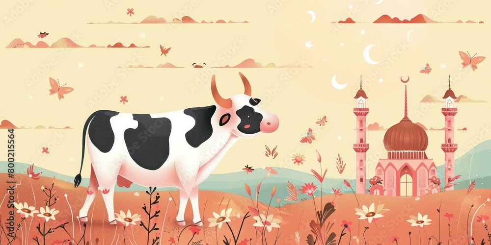 Naklejka premium Illustration of a sacrificial cow for the Islamic Eid al-Adha holiday with a mosque and Islamic ornaments in the background.