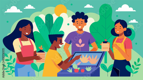 In a community garden friends chat and laugh as they work together to screen print Juneteenth Tshirts surrounded by the beauty and growth of their. Vector illustration