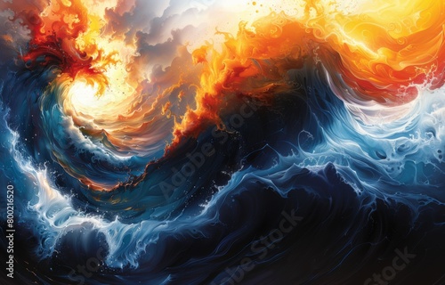Dynamic Abstract Artwork: Mesmerizing Whirls of Aqua, Orange, and Yellow Merge in a Serene Oceanic Symphony,abstract painting of water waves, swirling colors in teal and orange and yellow, white backg