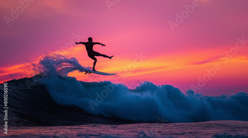 A silhouette of a surfer conquering a massive wave under a vibrant, colorful sunset sky