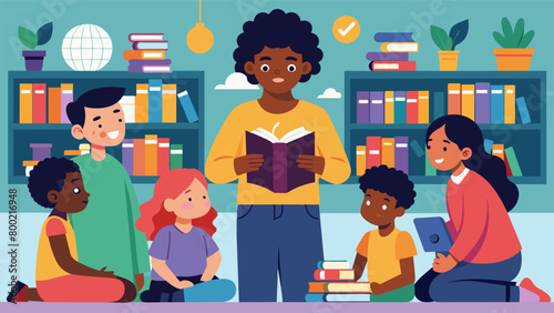 Amidst shelves of books and vibrant decorations a group of children gather around a storyteller who shares tales of African American culture and. Vector illustration