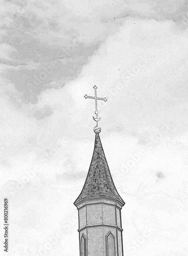 Christian cross and the stormy sky. Hand drawn pencil sketch illustration photo