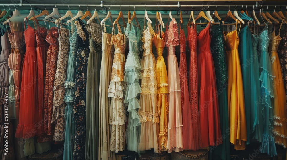 Colorful dresses hanging on a clothes rack in a fashion store.