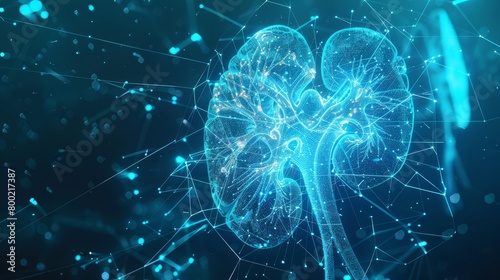 Anatomical Organ of human kidneys Structure with Illuminated Points and Lines - Exploring Excretory System Health, Modern Medicine, and Technological Advancement.