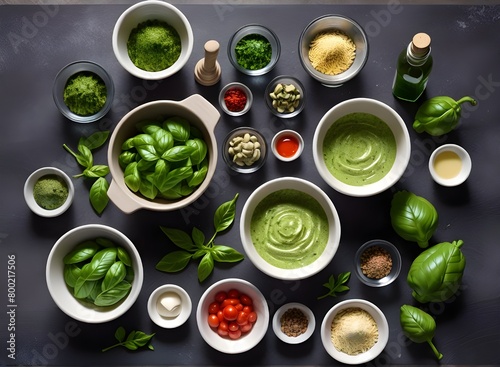 Ingredients for italian national traditional genovese pesto sauce in food processor bowl
 photo