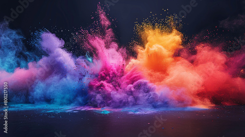Festival of Color Powder Explosion, colorful rainbow holi powder exploding, isolated on solid colour wide angle background.