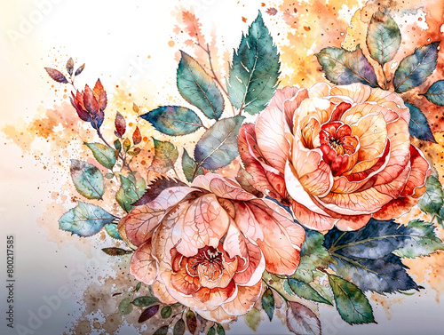 Watercolor background with roses, flowers illustration, wallpaper design. Generative ai