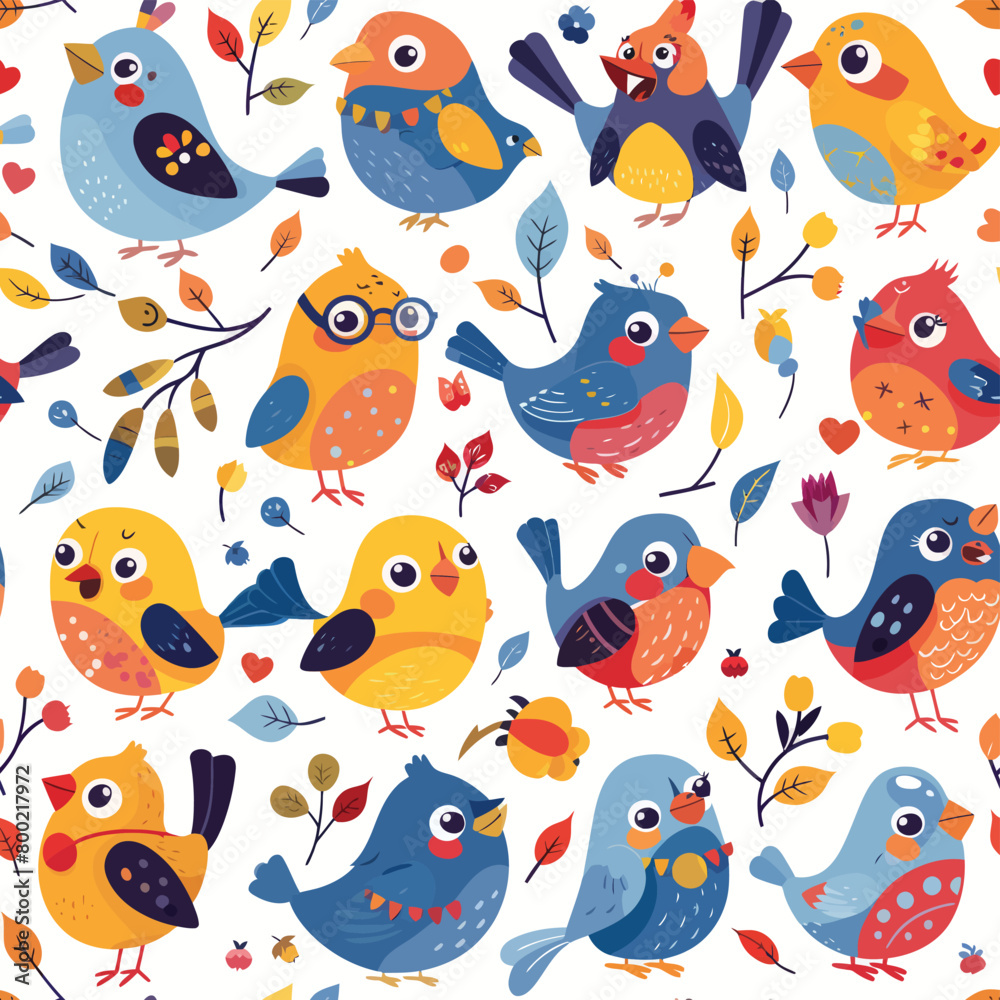Seamless pastel pattern of birds with floral elements on dot background. Seamless pastel pattern of birds with floral elements on dot background.